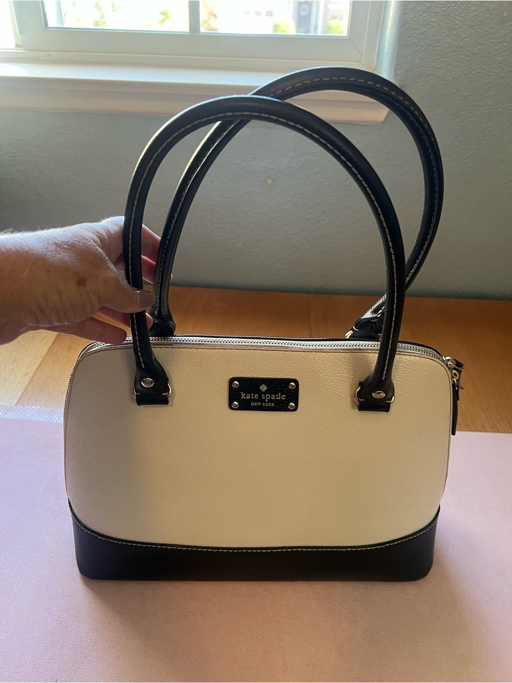 kate spade Cream and Black Satchel with Structured Dome Shape